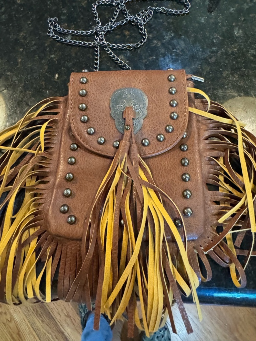 Women's Brown Fringe Crossbody Bag with Stud Details